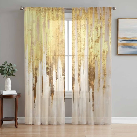 Sheer Curtains 72 Inches Long, Abstract Gold Light Filtering Window Curtains for Living Room/Bedroom, Modern Brush Luxury Strokes Artwork Rod Pocket Voile Sheer Curtain Drapes, 52"W x 72"L, 2 Panels