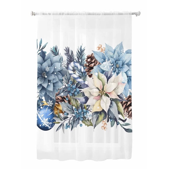 Sheer Curtains 72 Inches Long, Blue Christmas Poinsettia Semi Sheer Curtains Light Filtering Window Treatment, Xmas Botanical Balls Snowflake Privacy Voile Drapes for Living Room Bedroom 52x72 Inch
