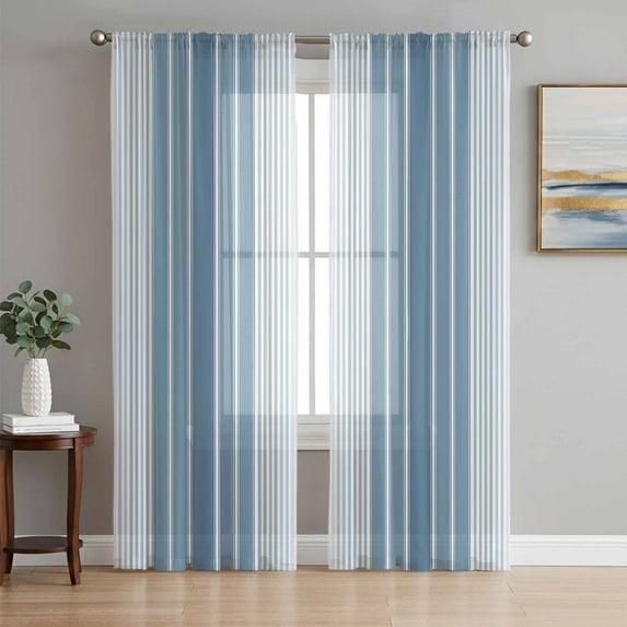 Sheer Curtains 72 Inches Long, Blue Ombre Stripe Light Filtering Window Curtains for Living Room/Bedroom, Farmhouse Simple Striped Rod Pocket Voile Sheer Curtain Drapes, 52"W x 72"L, 2 Panels