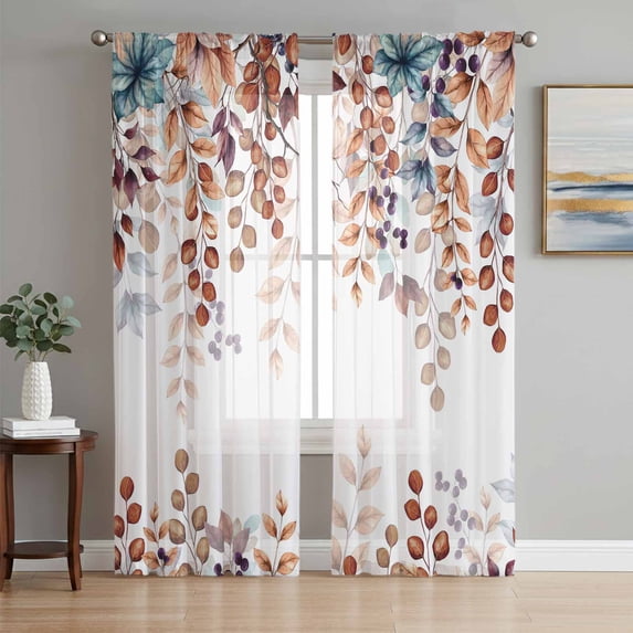 Sheer Curtains 72 Inches Long, Brown Eucalyptus Fall Light Filtering Window Curtains for Living Room, Botanical Weeping Leaves Pastoral Rod Pocket Voile Sheer Curtain Drapes, 52"W x 72"L, 2 Panels