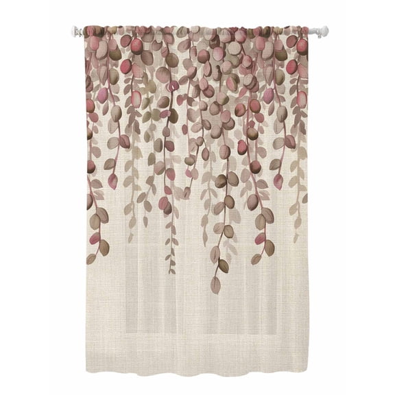 Sheer Curtains 72 Inches Long, Brown Eucalyptus Leaves Semi Sheer Curtains Light Filtering Window Treatment, Spring Leaves Plants Country Beige Privacy Voile Drapes for Living Room 52x72 Inch