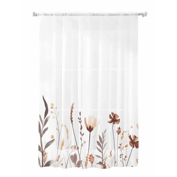 Sheer Curtains 72 Inches Long, Brown Fall Floral Semi Sheer Curtains Light Filtering Window Treatment, Vintage Botanical Autumn Flowers Privacy Voile Drapes for Living Room Bedroom 52x72 Inch