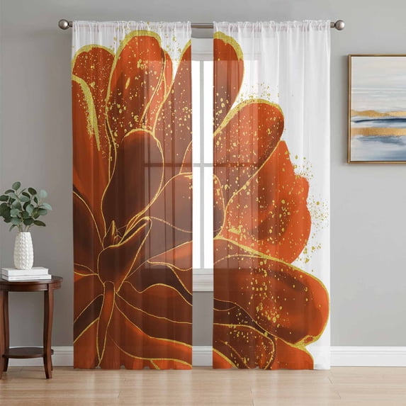 Sheer Curtains 72 Inches Long, Burnt Orange Light Filtering Window Curtains for Living Room, Sparkle Gold Stained Floral Flower Art Rod Pocket Voile Sheer Curtain Drapes, 52"W x 72"L, 2 Panels