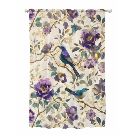 Sheer Curtains 72 Inches Long, Farmhouse Flowers Semi Sheer Curtains Light Filtering Window Treatment, Country Spring Floral Branches Birds Privacy Voile Drapes for Living Room Bedroom 52x72 Inch