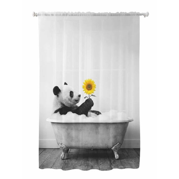 Sheer Curtains 72 Inches Long, Funny Panda Semi Sheer Curtains Light Filtering Window Treatment, Cute Art Vintage Lovely Animals on Bathtub Privacy Voile Drapes for Living Room Bedroom 52x72 Inch
