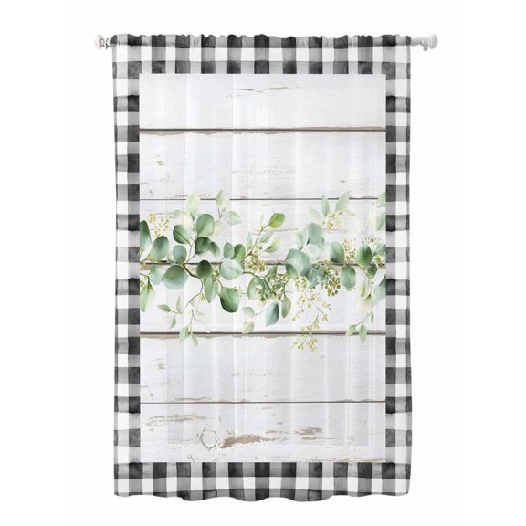 Sheer Curtains 72 Inches Long, Green Eucalyptus Leaves Semi Sheer Curtains Light Filtering Window Treatment, Vintage Art Farmhouse Wooden Privacy Voile Drapes for Living Room Bedroom 52x72 Inch