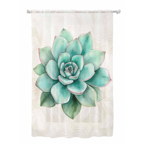 Sheer Curtains 72 Inches Long, Green Flower Semi Sheer Curtains Light Filtering Window Treatment, Succulents Ferns Vintage Abstract Texture Privacy Voile Drapes for Living Room Bedroom 52x72 Inch