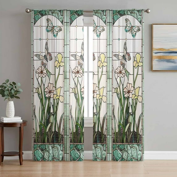 Sheer Curtains 72 Inches Long, Green Spring Botanical Light Filtering Window Curtains for Living Room/Bedroom, Summer Butterfly Vintage Rod Pocket Voile Sheer Curtain Drapes, 52"W x 72"L, 2 Panels
