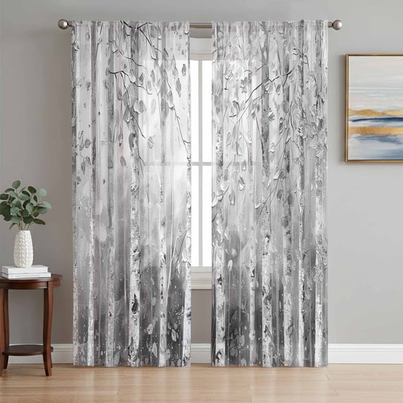 Sheer Curtains 72 Inches Long, Grey Forest Light Filtering Window Curtains for Living Room/Bedroom, Modern Oil Painting Art Rod Pocket Voile Sheer Curtain Drapes, 52"W x 72"L, 2 Panels