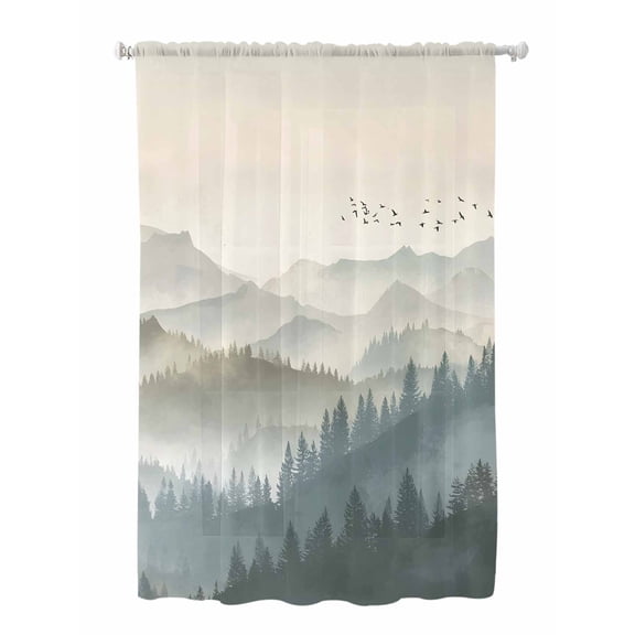 Sheer Curtains 72 Inches Long, Mountains Semi Sheer Curtains Light Filtering Window Treatment, Farmhouse Forest Nature Trees Landscape Privacy Voile Drapes for Living Room Bedroom 52x72 Inch