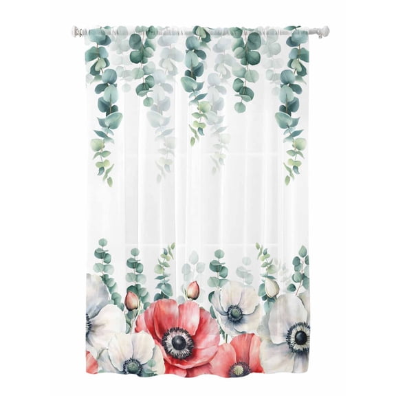 Sheer Curtains 72 Inches Long, Poppy Flowers Eucalyptus Semi Sheer Curtains Light Filtering Window Treatment, Farmhouse Weeping Botanical Privacy Voile Drapes for Living Room Bedroom 52x72 Inch