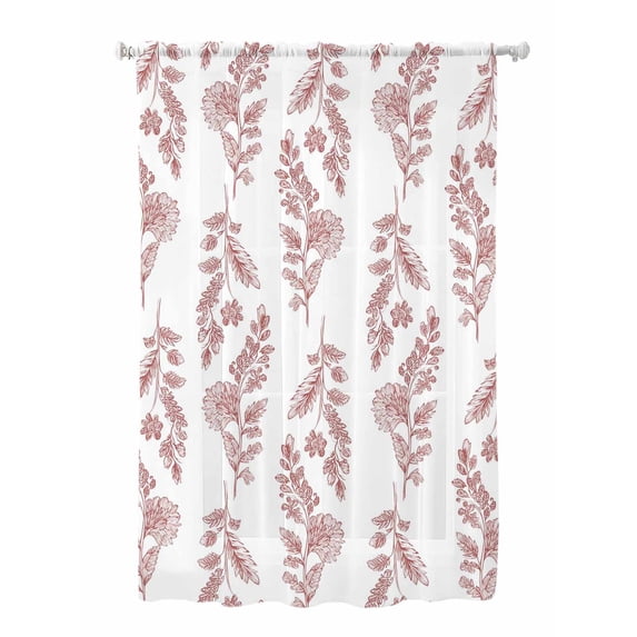 Sheer Curtains 72 Inches Long, Red Botanical Semi Sheer Curtains Light Filtering Window Treatment, Pastoral Elegant Spring Floral Privacy Voile Drapes for Living Room Bedroom 52x72 Inch