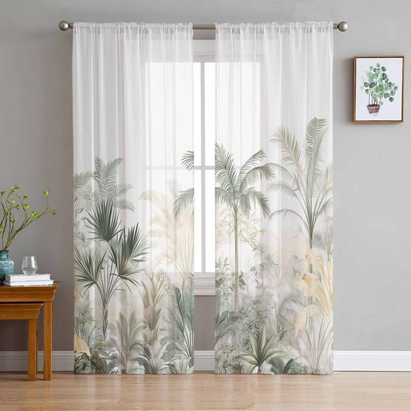 Sheer Curtains 72 Inches Long, Summer Botanical Tropical Light Filtering Window Curtains for Living Room/Bedroom, Green Yellow Palm Tree Rod Pocket Voile Sheer Curtain Drapes, 52"W x 72"L, 2 Panels