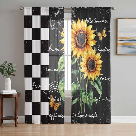 Sheer Curtains 72 Inches Long, Sunflower Light Filtering Window Curtains for Living Room, Summer Botanical Floral Vintage Black Plaid Rod Pocket Voile Sheer Curtain Drapes, 52"W x 72"L, 2 Panels