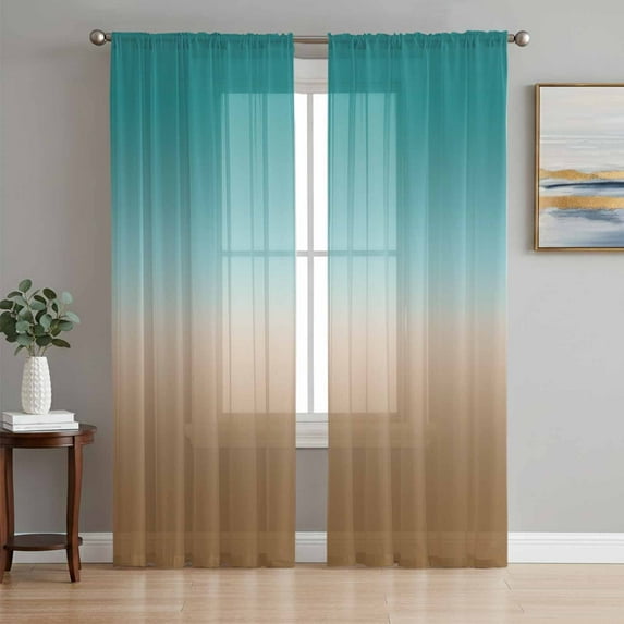 Sheer Curtains 72 Inches Long, Teal Brown Ombre Light Filtering Window Curtains for Living Room, Turquoise Gradient Modern Abstract Art Rod Pocket Voile Sheer Curtain Drapes, 52"W x 72"L, 2 Panels