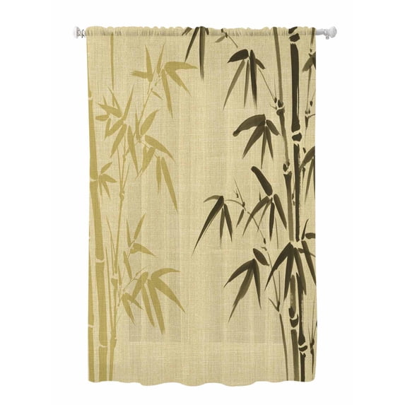 Sheer Curtains 72 Inches Long, Vintage Bamboos Semi Sheer Curtains Light Filtering Window Treatment, Ink Painting Retro Art Rustic Privacy Voile Drapes for Living Room Bedroom 52x72 Inch