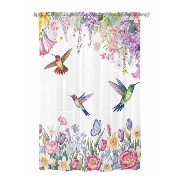 Sheer Curtains 72 Inches Long, Watercolor Flowers Semi Sheer Curtains Light Filtering Window Treatment, Spring Hummingbird Butterflly Floral Privacy Voile Drapes for Living Room Bedroom 52x72 Inch