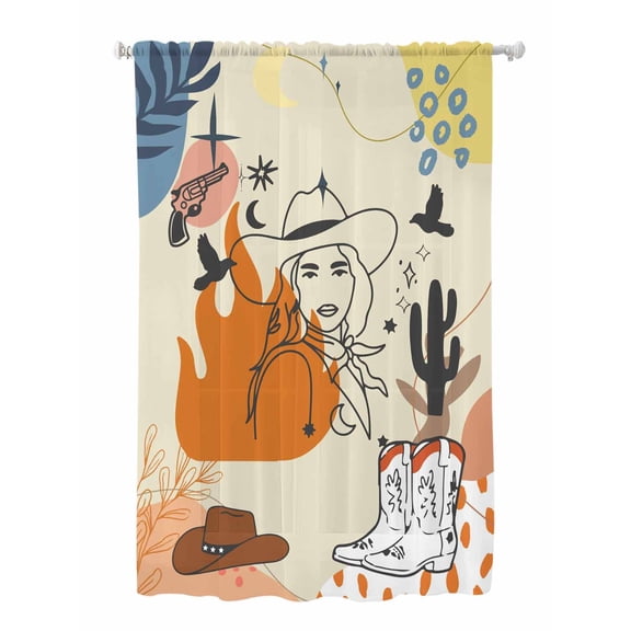 Sheer Curtains 72 Inches Long, Western Cowboys Semi Sheer Curtains Light Filtering Window Treatment, Vintage Boho Abstract Cactus Offwhite Privacy Voile Drapes for Living Room Bedroom 52x72 Inch