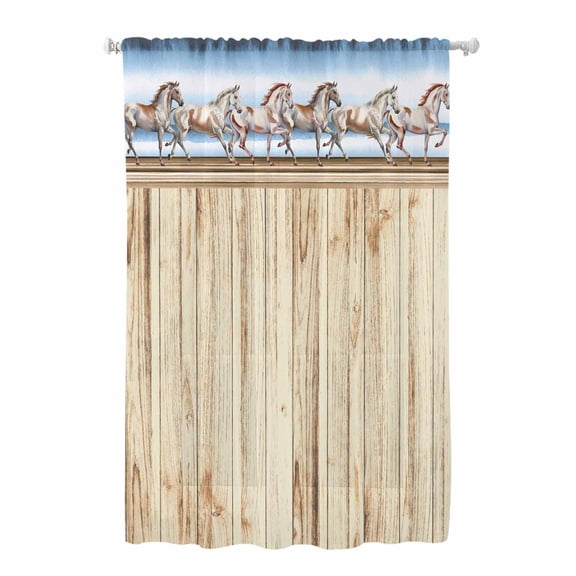Sheer Curtains 72 Inches Long, Western Horse Semi Sheer Curtains Light Filtering Window Treatment, Farmhouse Wooden Grain Vintage Cowboy Barn Door Privacy Voile Drapes for Living Room 52x72 Inch