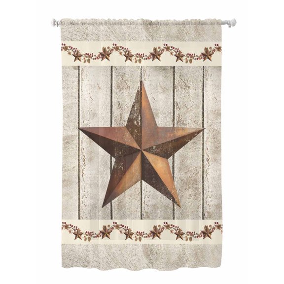 Sheer Curtains 72 Inches Long, Western Texas Star Retro Semi Sheer Curtains Light Filtering Window Treatment, Country Farmhouse Gray Wood Grain Privacy Voile Drapes for Living Room 52x72 Inch