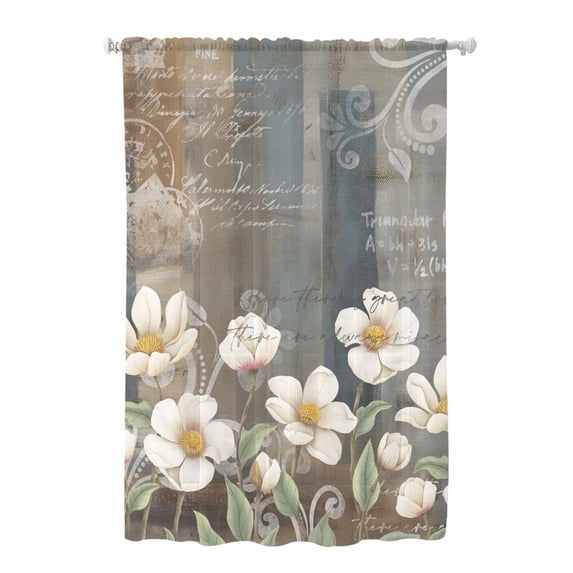 Sheer Curtains 72 Inches Long, White Floral Semi Sheer Curtains Light Filtering Window Treatment, Spring Farmhouse Vintage Flower Leaf Plant Privacy Voile Drapes for Living Room Bedroom 52x72 Inch