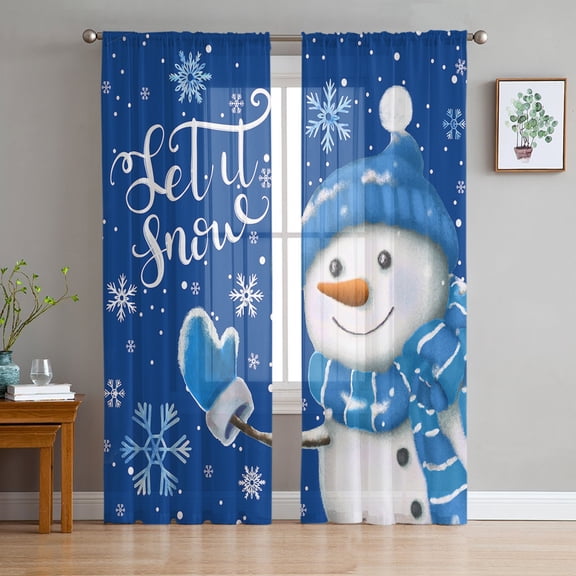 Sheer Curtains 72 Inches Long, Xmas Winter Snowflake Let Snow Light Filtering Window Curtains for Living Room, Blue Snowman Christmas Rod Pocket Voile Sheer Curtain Drapes, 52"W x 72"L, 2 Panels