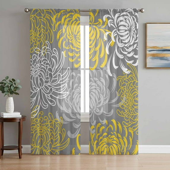 Sheer Curtains 72 Inches Long, Yellow Gray Floral Light Filtering Window Curtains for Living Room, Farmhouse Retro Abstract Flowers Art Rod Pocket Voile Sheer Curtain Drapes, 52"W x 72"L, 2 Panels