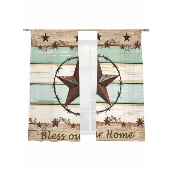 Sheer Curtains 72 inches Long 2 Panels Set Retro Texas Star Bless Our Home Farmhouse Teal Beige Wood Grain Sheer Window Curtain Rod Pocket Voile Drapes for Living Room/Bedroom, Each 52" W x 72" L