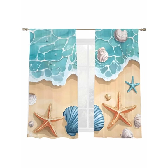 Sheer Curtains 72 inches Long 2 Panels Set Teal Beach Water Ripped Starfish Shell Shore Coastal Sheer Window Curtain Rod Pocket Voile Drapes for Living Room/Bedroom, Each 52" W x 72" L