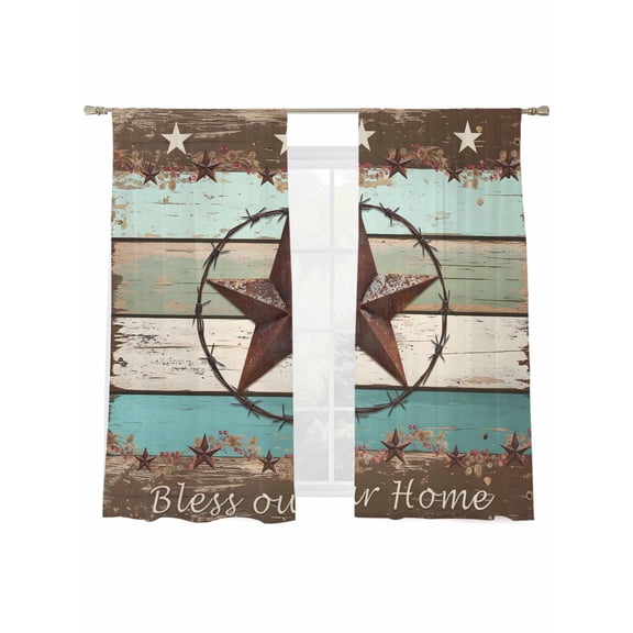 Sheer Curtains 72 inches Long 2 Panels Set Texas Star Bless Your Home Vintage Farm Star Wood Grain Sheer Window Curtain Rod Pocket Voile Drapes for Living Room/Bedroom, Each 52" W x 72" L