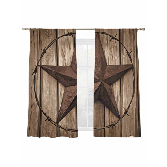 Sheer Curtains 72 inches Long 2 Panels Set Vintage Texas Star Brown Wood Grain Wire Sheer Window Curtain Rod Pocket Voile Drapes for Living Room/Bedroom, Each 52" W x 72" L