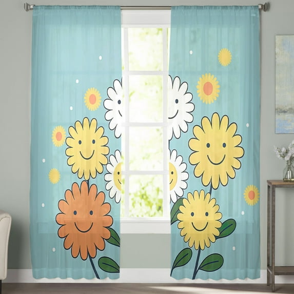 Sheer Curtains 72 inches Long, Abstract Yellow and White Smile Flowers Blue Texture Light Filtering Sheer Window Curtains Rod Pocket Voile Drapes for Bedroom Living Room, 52"W x 72"L 2 Panels