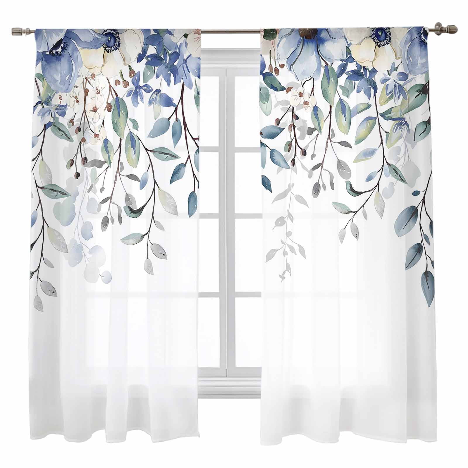 Sheer Curtains 72 inches Long, Blue Green Flowers Eucalyptus Leaves