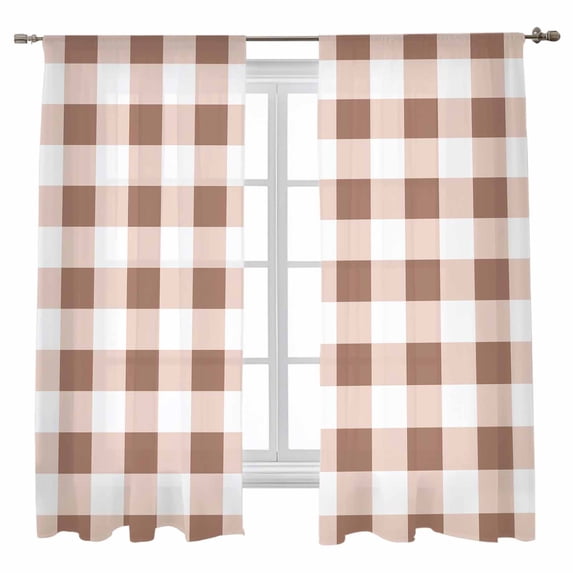 Sheer Curtains 72 inches Long, Brown Plaid Brown Gradient Line Check Geometric Light Filtering Sheer Window Curtains Rod Pocket Voile Drapes for Bedroom Living Room, 52"W x 72"L 2 Panels