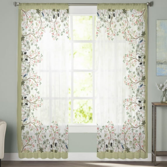 Sheer Curtains 72 inches Long, Chinese Style Cranes Peach Flowers Palm Leaves Border Light Filtering Sheer Window Curtains Rod Pocket Voile Drapes for Bedroom Living Room, 52"W x 72"L 2 Panels