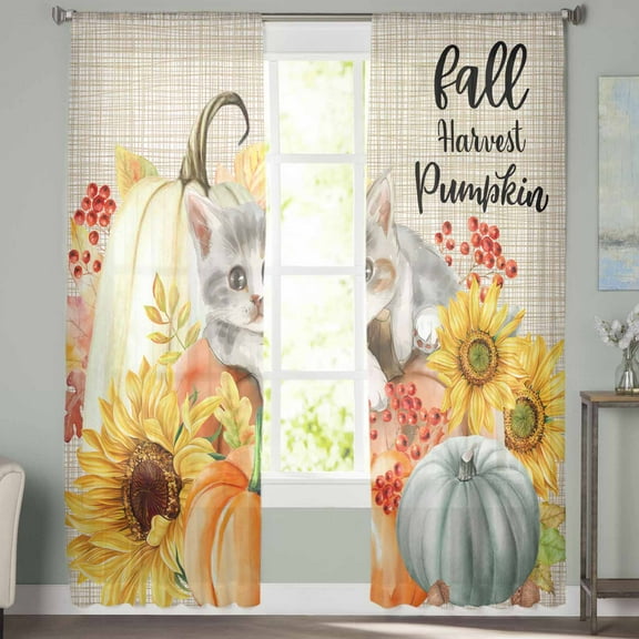 Sheer Curtains 72 inches Long, Cute Cat with Pumpkin Sunflower Brown Checkered Light Filtering Sheer Window Curtains Rod Pocket Voile Drapes for Bedroom Living Room, 52"W x 72"L 2 Panels