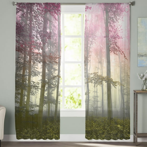 Sheer Curtains 72 inches Long, Fall Foggy Forest Shades of Pink and Yellow Light Filtering Sheer Window Curtains Rod Pocket Voile Drapes for Bedroom Living Room, 52"W x 72"L 2 Panels