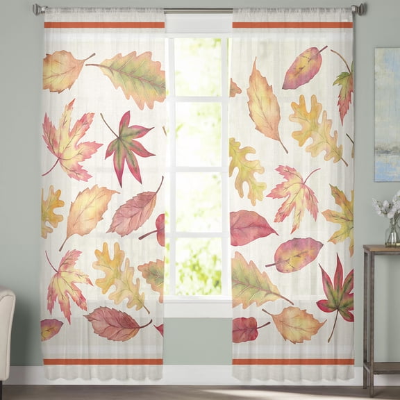 Sheer Curtains 72 inches Long, Fall Watercolor Red and Orange Maple Leaves Light Filtering Sheer Window Curtains Rod Pocket Voile Drapes for Bedroom Living Room, 52"W x 72"L 2 Panels