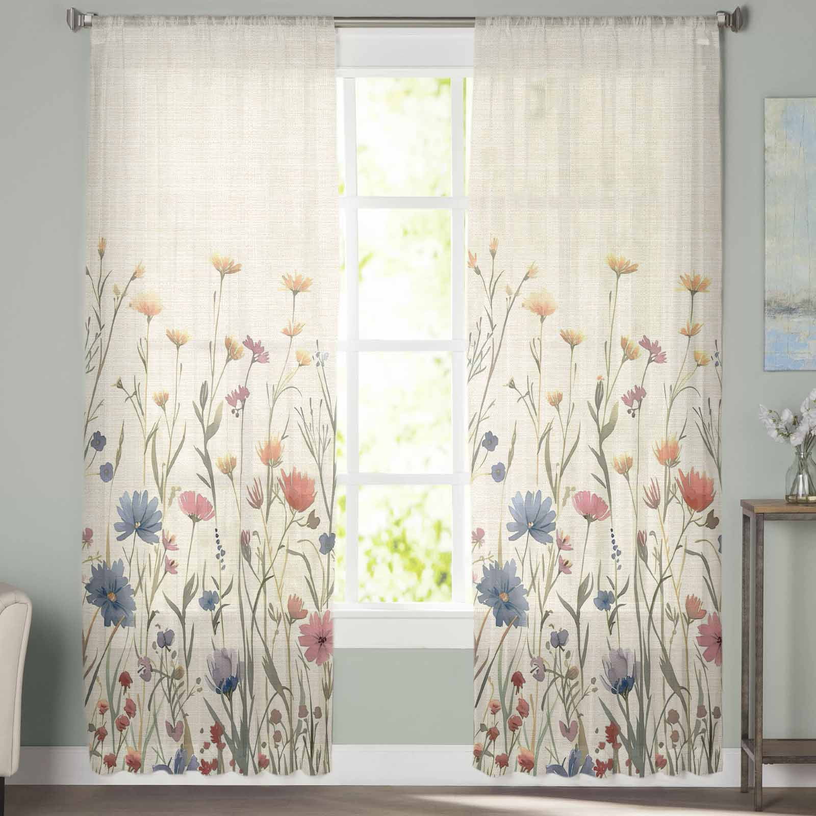 Sheer Curtains 72 inches Long, Floral Watercolor Leaves Colorful Daisy Linen Background Light Filtering Sheer Window Curtains Rod Pocket Voile Drapes for Bedroom Living Room, 52"W x 72"L 2 Panels