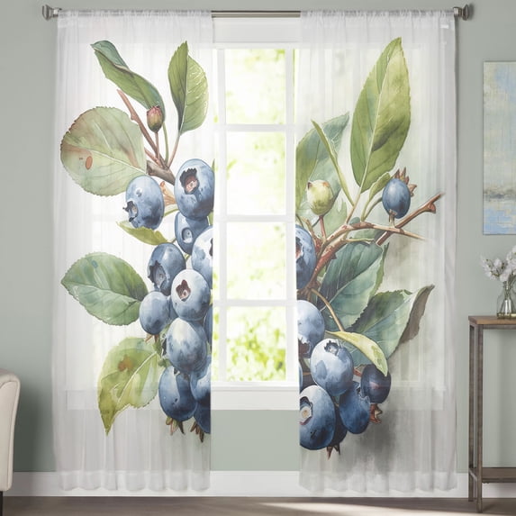 Sheer Curtains 72 inches Long, Fruit Blueberry Green Leaves Light Filtering Sheer Window Curtains Rod Pocket Voile Drapes for Bedroom Living Room, 52"W x 72"L 2 Panels