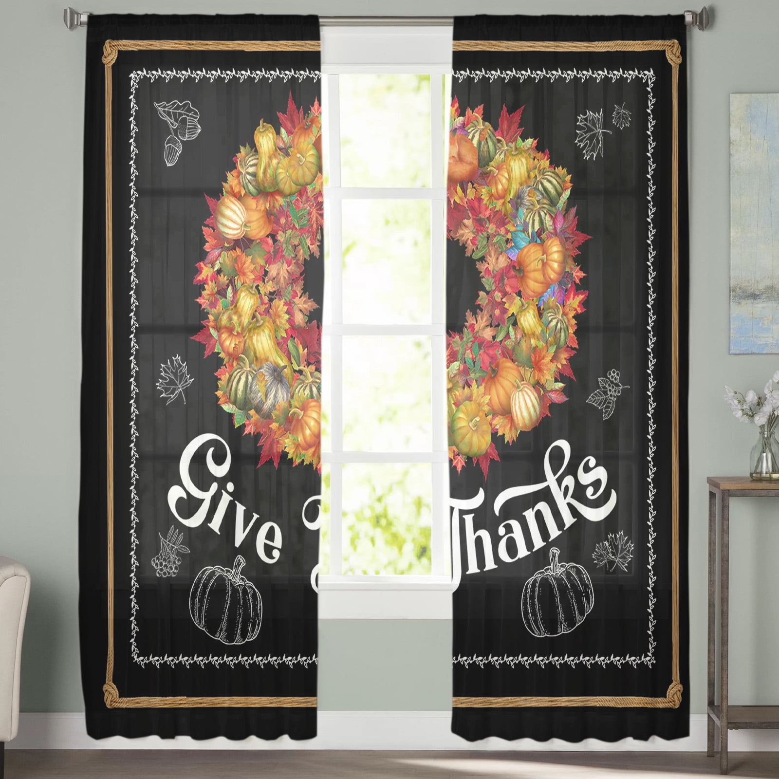 Sheer Curtains 72 inches Long, Give Thanks Fall Pumpkin Maple Leaf ...