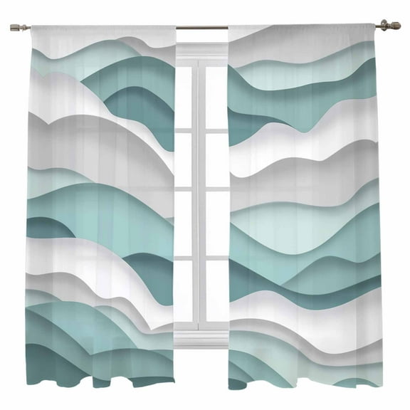 Sheer Curtains 72 inches Long, Gradient Ocean Waves Teal Turquoise Gradient Waves Light Filtering Sheer Window Curtains Rod Pocket Voile Drapes for Bedroom Living Room, 52"W x 72"L 2 Panels