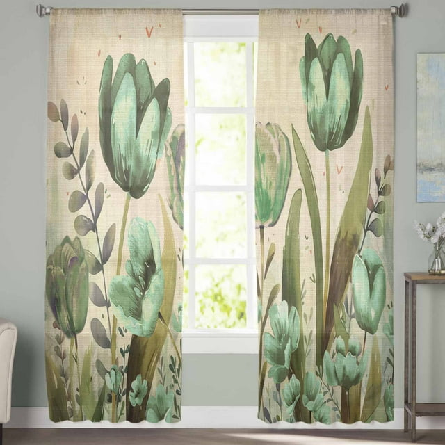Sheer Curtains 72 inches Long, Green Tulip Watercolor Floral Retro Linen Light Filtering Sheer Window Curtains Rod Pocket Voile Drapes for Bedroom Living Room, 52"W x 72"L 2 Panels