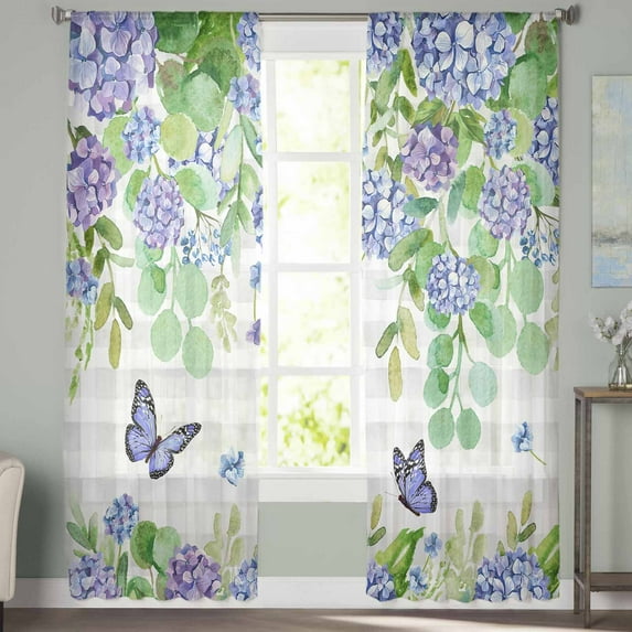 Sheer Curtains 72 inches Long, Hydrangea Eucalyptus Butterfly Floral Watercolor Grey Plaid Sheer Window Curtains Rod Pocket Voile Drapes for Bedroom Living Room, 52"W x 72"L 2 Panels