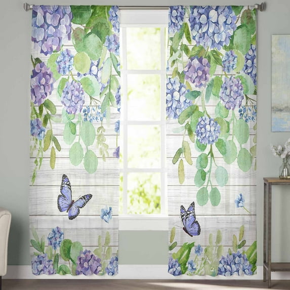 Sheer Curtains 72 inches Long, Hydrangea Eucalyptus Butterfly Floral Watercolor Wood Grain Sheer Window Curtains Rod Pocket Voile Drapes for Bedroom Living Room, 52"W x 72"L 2 Panels