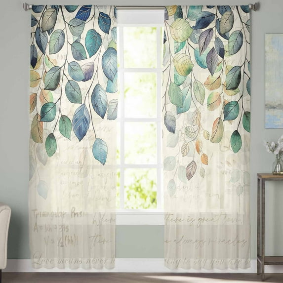 Sheer Curtains 72 inches Long, Leaf Vintage Leaf Postcard Background Light Filtering Sheer Window Curtains Rod Pocket Voile Drapes for Bedroom Living Room, 52"W x 72"L 2 Panels