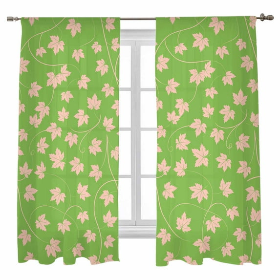 Sheer Curtains 72 inches Long, Light Pink Maple Leaf Fall Thanksgiving Leaves Green Background Light Filtering Sheer Window Curtains Rod Pocket Voile Drapes for Bedroom, 52"Wx72"L 2 Panels