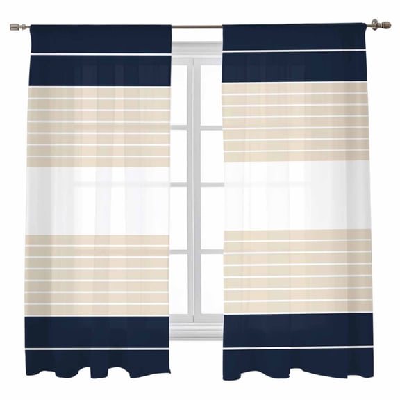 Sheer Curtains 72 inches Long, Navy Blue Khaki Stripe Gradient Line Geometric Simple Light Filtering Sheer Window Curtains Rod Pocket Voile Drapes for Bedroom Living Room, 52"W x 72"L 2 Panels
