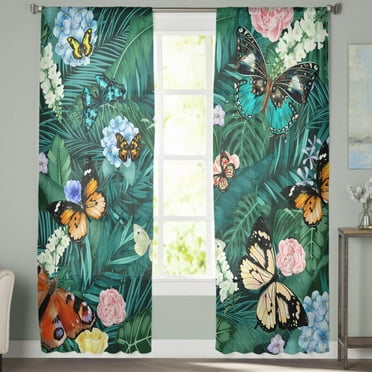 Sheer Curtains 72 inches Long, Nordic Wind Flowers and Palm Leaves Butterflies Light Filtering Sheer Window Curtains Rod Pocket Voile Drapes for Bedroom Living Room, 52"W x 72"L 2 Panels