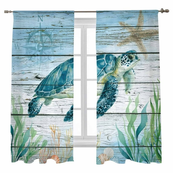 Sheer Curtains 72 inches Long, Ocean Theme Turtle Sea Grass Starfish Nautical Wood Grain Light Filtering Sheer Window Curtains Rod Pocket Voile Drapes for Bedroom Living Room, 52"W x 72"L 2 Panels